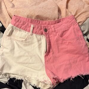 SHEIN Pink and White Two-Tone High-Waist Denim Shorts